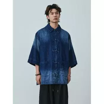 Летняя новая джинсовая куртка в китайском стиле в винтажном стиле для мужчин и женщин, свободный джинсовый топ с ретро-пуговицей M чёрный
