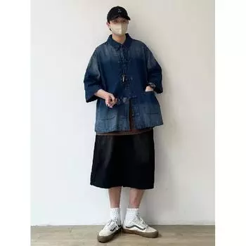 Летняя новая джинсовая куртка в китайском стиле в винтажном стиле для мужчин и женщин, свободный джинсовый топ с ретро-пуговицей M чёрный