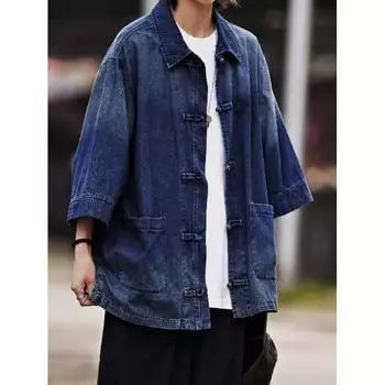 Летняя новая джинсовая куртка в китайском стиле в винтажном стиле для мужчин и женщин, свободный джинсовый топ с ретро-пуговицей M чёрный
