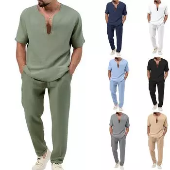 Летняя новая европейская и американская мужская однотонная повседневная футболка с короткими рукавами, комплект с длинными брюками XXXL