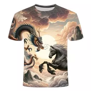 Летняя новая футболка с круглым вырезом и 3D-принтом 2024 года, популярная персонализированная мужская футболка Longma Spirit Series с коротким рукавом XS