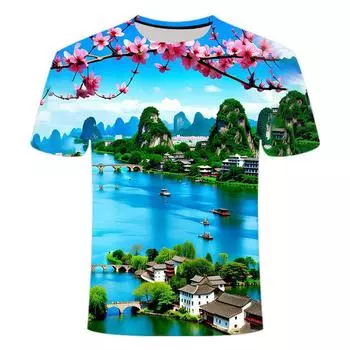 Летняя новая футболка с принтом в виде пейзажа Гуйлинь, персонализированная, модная, красивая, трендовая, универсальная, с короткими рукавами для мужчин и женщин XS