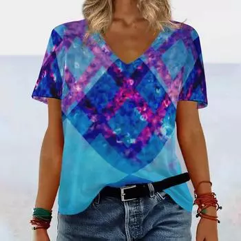 Летняя новая футболка с V-образным вырезом на плече и геометрическим узором «свет и тень» с 3D-принтом S