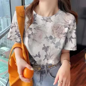 Летняя новая футболка женская одежда свободная повседневная с коротким рукавом модный принт элегантный топ круглый вырез половина рукава женская футболка S
