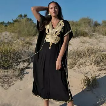 Летняя новая хлопковая блузка-бикини в стиле инди-фолк, с v-образным вырезом и вышивкой по бокам, свободное пляжное длинное платье, женская блузка для купания One size белый