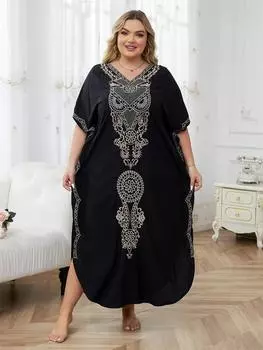 Летняя новая хлопковая блузка-бикини в стиле инди-фолк, с v-образным вырезом и вышивкой по бокам, свободное пляжное длинное платье, женская блузка для купания One Size чёрный