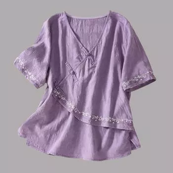 Летняя новая хлопковая жаккардовая вышитая блузка с манжетами, подолом, V-образным вырезом, дисковыми пуговицами, коротким рукавом для женщин XS белый