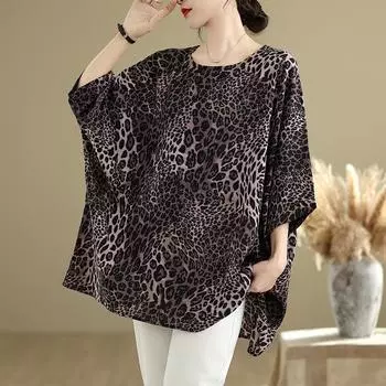 Летняя новая художественная футболка большого размера с леопардовым принтом, круглым вырезом и рукавом семь четвертей One Size