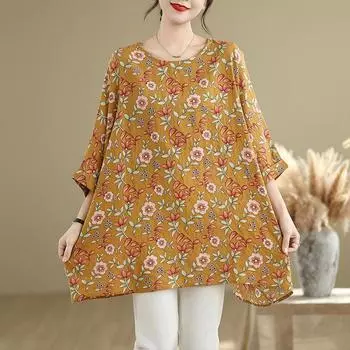 Летняя новая художественная футболка большого размера с круглым вырезом и рукавом три четверти one size