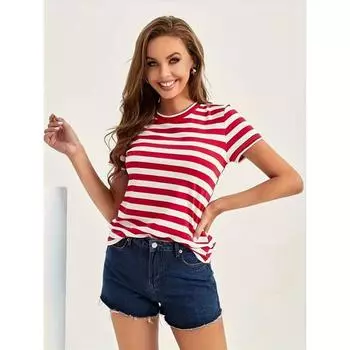 Летняя новая классическая универсальная футболка с круглым вырезом и коротким рукавом, топ в красную полоску, элегантный темперамент S