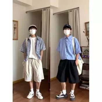 Летняя новая клетчатая рубашка мужская рубашка в стиле ретро с коротким рукавом в американском стиле японская рубашка куртка M синий