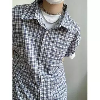 Летняя новая клетчатая рубашка мужская рубашка в стиле ретро с коротким рукавом в американском стиле японская рубашка куртка M синий
