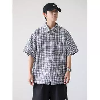 Летняя новая клетчатая рубашка мужская рубашка в стиле ретро с коротким рукавом в американском стиле японская рубашка куртка M синий