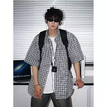 Летняя новая клетчатая рубашка мужская рубашка в стиле ретро с коротким рукавом в американском стиле японская рубашка куртка M синий