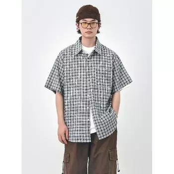 Летняя новая клетчатая рубашка мужская рубашка в стиле ретро с коротким рукавом в американском стиле японская рубашка куртка M синий