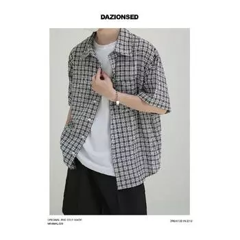 Летняя новая клетчатая рубашка мужская рубашка в стиле ретро с коротким рукавом в американском стиле японская рубашка куртка M синий