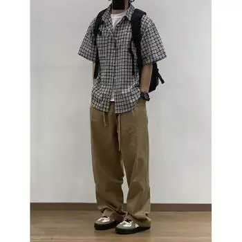 Летняя новая клетчатая рубашка мужская рубашка в стиле ретро с коротким рукавом в американском стиле японская рубашка куртка M синий