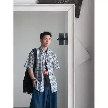 Летняя новая клетчатая рубашка мужская рубашка в стиле ретро с коротким рукавом в американском стиле японская рубашка куртка M синий