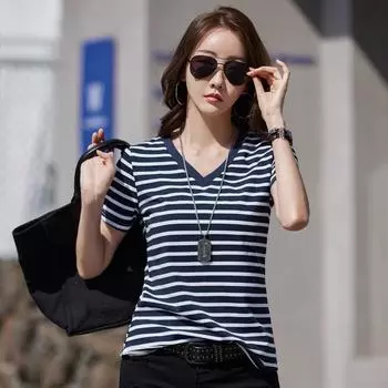 Летняя новая корейская футболка с короткими рукавами, женская из чистого хлопка, полосатый свободный топ с V-образным вырезом XXL красный