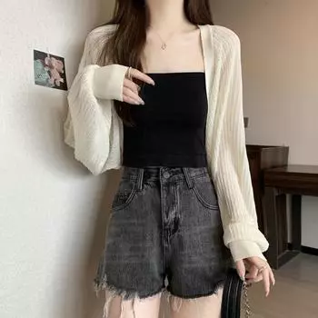 летняя новая корейская версия однотонный тонкий с длинными рукавами и короткими рукавами летучая мышь трикотажный солнцезащитный кардиган поверх топа для женщин one size fits all белый