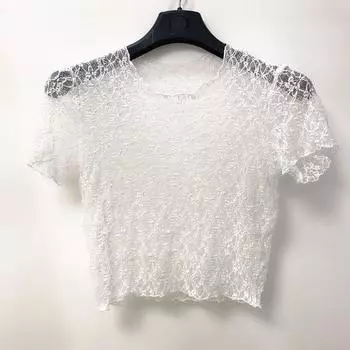 Летняя новая короткая блузка из эластичного кружева, с короткими рукавами и круглым вырезом, вязаное крючком кружево, завышенная талия, миди-наряд, темпераментный западный стиль, женский комбинезон White S