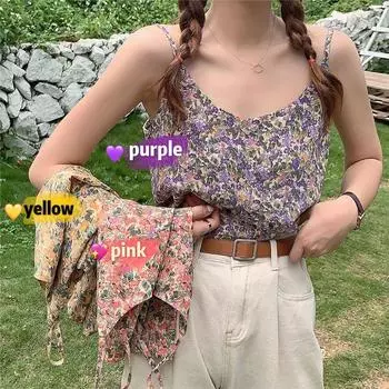 Летняя новая майка-комбинезон сексуальная цветочная свободная верхняя одежда подтяжки S жёлтый