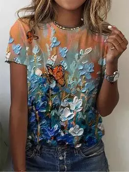Летняя новая мода 3D цветочный принт женские футболки с круглым вырезом с коротким рукавом повседневная уличная футболка свободная одежда женская одежда XS