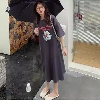 Летняя новая мода разрез принт футболка платье длинное до колена буквы повседневная свободная баска пижамы M чёрный
