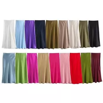 Летняя новая мода с высокой талией женские атласные юбки элегантная однотонная А-силуэт свободная длинная юбка для женщин винтажная облегающая офисная женская юбка 25959 XS чёрный