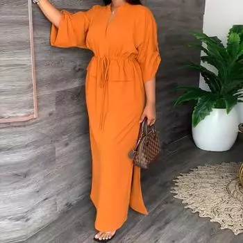 Летняя новая мода темпераментное платье больших размеров женское с v-образным вырезом на шнуровке на талии свободные повседневные платья женское сексуальное элегантное длинное платье 24323 S коричневый