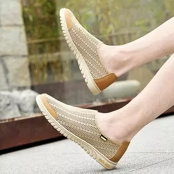 Летняя новая мода удобная дышащая сетчатая обувь для мужчин модная круглая нескользящая мягкая подошва сетка универсальная повседневная обувь 36 бежевый