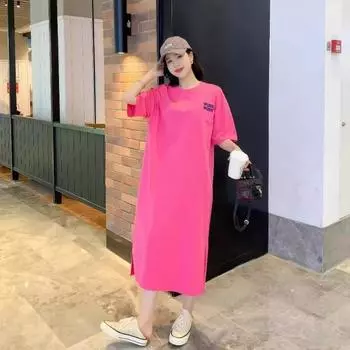 Летняя новая модная футболка средней длины с большим разрезом и принтом и длинное платье выше колена M