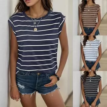 Летняя новая модная повседневная футболка с круглым вырезом, женская офисная футболка без рукавов, свободная футболка в полоску, женская простая элегантная женская футболка 24561 S чёрный