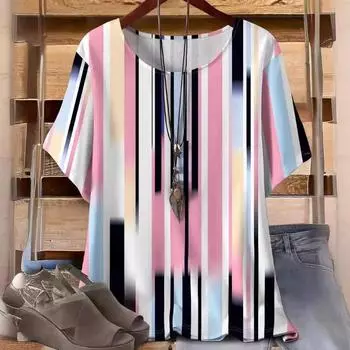 Летняя новая модная свободная 3D-печатная полосатая утягивающая футболка с короткими рукавами XL