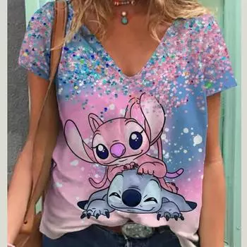 Летняя новая модная женская футболка Lilo&Stitch повседневная с коротким рукавом Harajuku 3D Printed Fashion Top V-образный вырез уличный свободный большой размер S