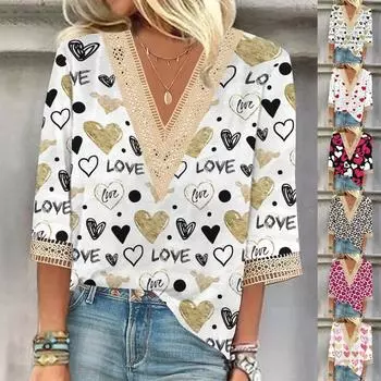 Летняя новая модная женская кружевная футболка с v-образным вырезом и рукавом три четверти, повседневная футболка больших размеров S-2XL