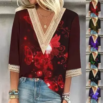 Летняя новая модная женская кружевная футболка с v-образным вырезом и рукавом три четверти, повседневная футболка больших размеров S-2XL