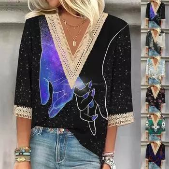 Летняя новая модная женская кружевная футболка с v-образным вырезом и рукавом три четверти, повседневная футболка больших размеров S-2XL