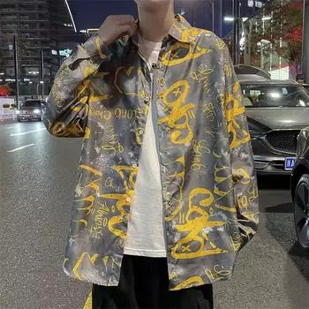 Летняя новая молодежная студенческая рубашка в гонконгском стиле с короткими рукавами и принтом, рубашка в корейском стиле, мужская повседневная рубашка с длинным рукавом, пальто M серый