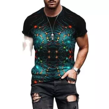 Летняя новая мужская футболка с цветным ореолом, 3D-принтом, воротником-стойкой, коротким рукавом, модная свободная, интересная, дышащая, большого размера S