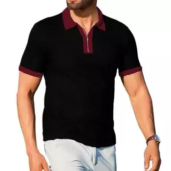 Летняя новая мужская футболка с коротким рукавом, повседневная футболка с отворотом и полумолнией, модные легкие дышащие мужские топы M чёрный