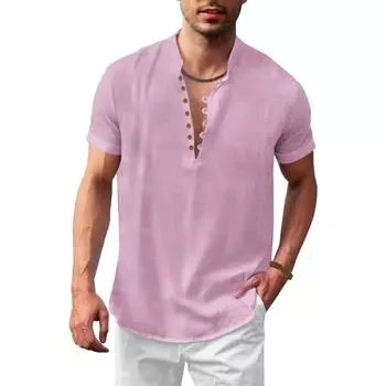 Летняя Новая Мужская Футболка с Коротким Рукавом из Хлопка и Льна, Хенли с Половинной Застежкой на Пуговицы, Однотонная, Дышащая, Легкая, Мужской Верх S розовый