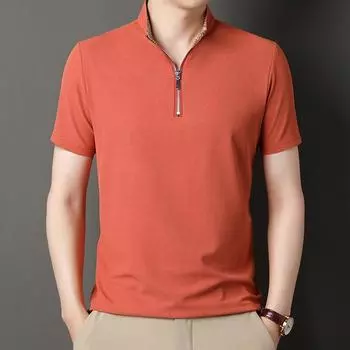 Летняя новая мужская футболка с короткими рукавами, мужская модная повседневная дышащая лацканы с застежкой-молнией, однотонная мужская одежда M