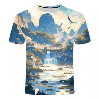 Летняя новая мужская футболка с круглым вырезом с 3D-принтом 2024 года, взрывная коллекция с красивыми пейзажами зеленых гор, зеленых вод и водопадов XS