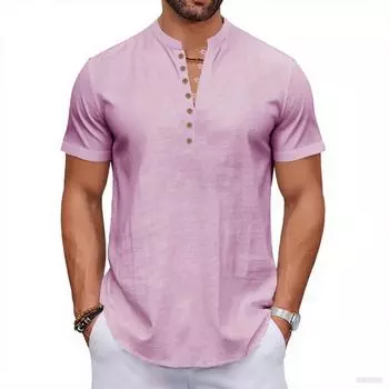 Летняя Новая Мужская Хлопково-Льняная Футболка с Коротким Рукавом Дышащая Легкая Однотонная Мужская Модная Футболка Хенли с Пуговицами S розовый