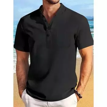 Летняя Новая Мужская Хлопково-Льняная Футболка Пляжный Стиль Отпуск Гавайи Повседневная Хенли Легкая Дышащая Уютная Майка S чёрный