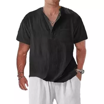 Летняя Новая Мужская Хлопково-Льняная Футболка с Коротким Рукавом, Хенли-воротником, Повседневная, Легкая, Дышащая, Однотонная, Топы, Базовая Футболка S чёрный