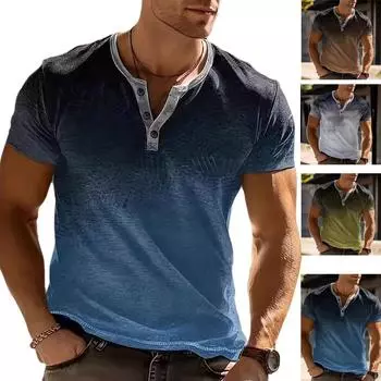 Летняя новая мужская повседневная повседневная рубашка Генри в европейском и американском стиле в полоску с градиентом и воротником Генри, рубашка Генри с короткими рукавами, большие размеры S