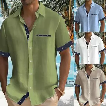 Летняя новая мужская рубашка Aloha, повседневная, модная, уличная, высокого качества, с коротким рукавом, для пляжного отдыха, вечеринки, мужская однотонная рубашка с карманом 2XL белый