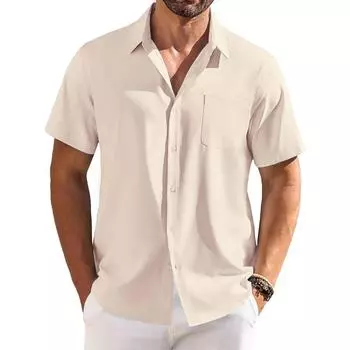 Летняя новая мужская рубашка с коротким рукавом, дышащая, легкая, с отложным воротником, простая, базовая, повседневная одежда на пуговицах S бежевый